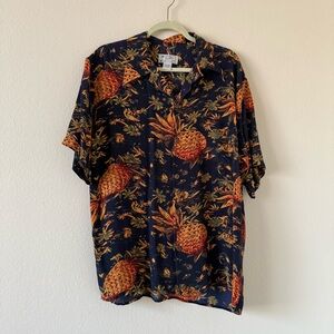 VINTAGE SHIRT MENS SILK HAWAIIAN PINEAPPLE Blue Large